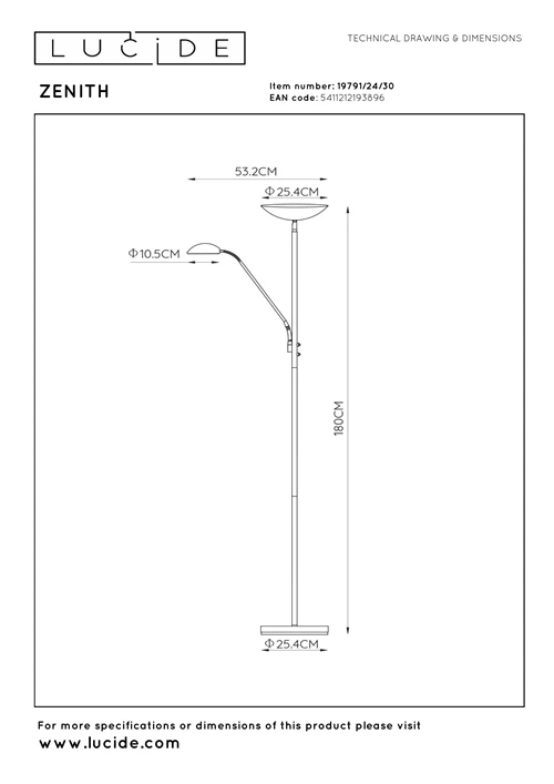 Lucide ZENITH - Lampadaire / lampe de lecture - LED Dim. - 3000K - Noir - technique